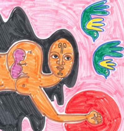 Make Papatūānuku Proud by Phoebe Carr, AUNTIES, 2020. An illustration in felt tip pen of Papatūānuku as a Māori woman holding a baby to her breast, her fist raised in the air against a red sun. Two green birds fly over her head. 
